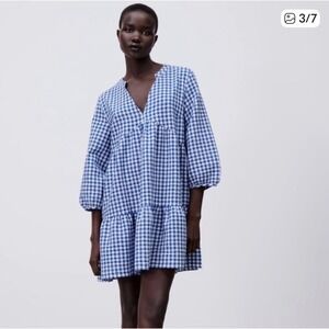 Zara Blue Gingham‎ Babydoll Dress Small Tiered Mini Puff Sleeve Cottagecore